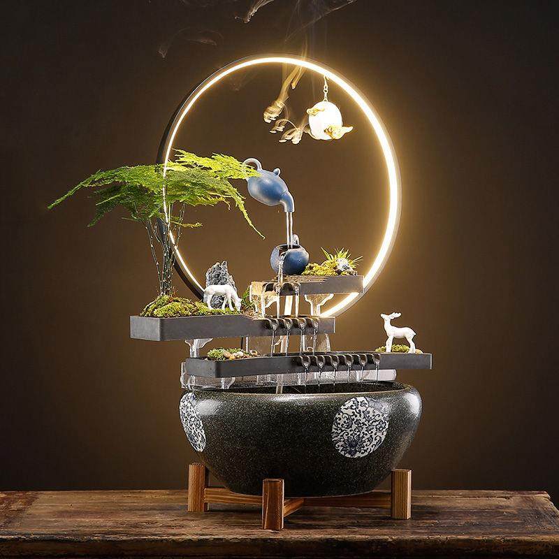 新中式流水招财喷泉鱼缸陶瓷悬壶景观家居办公室桌面开业乔迁礼品,家居饰品,流水摆件,淘宝优惠券,粉丝福利购,淘宝优惠卷