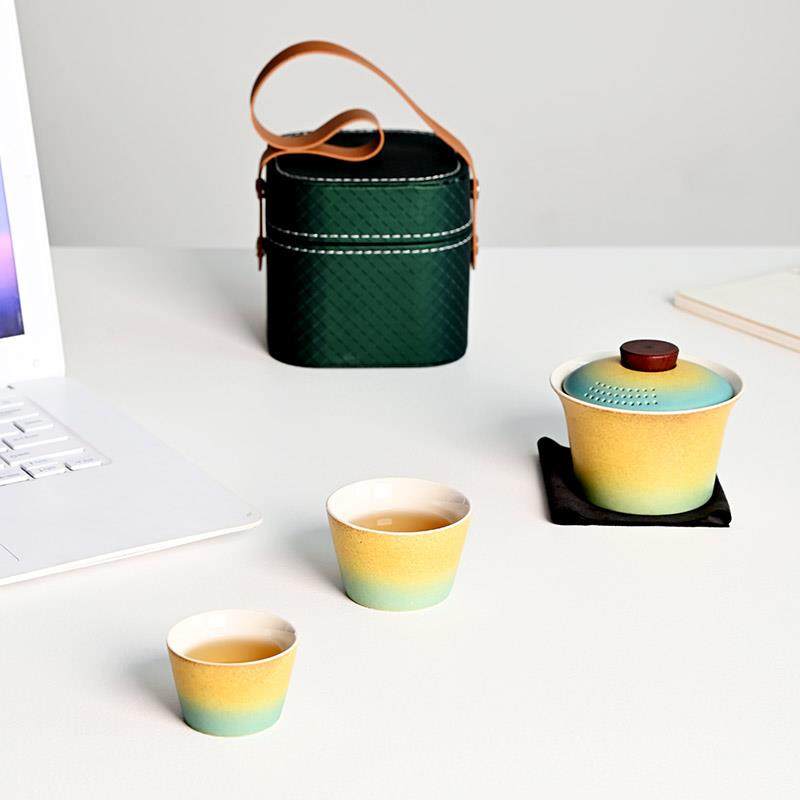 渐变陶瓷旅行茶具套装便携包家用户外旅行快客杯一壶二杯功夫茶具