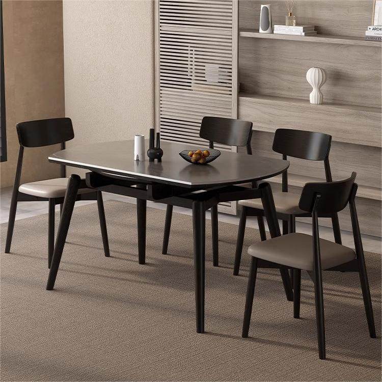 岩板桌子餐桌方可变圆桌伸缩家用小户型客厅实木饭桌椅子组合黑色