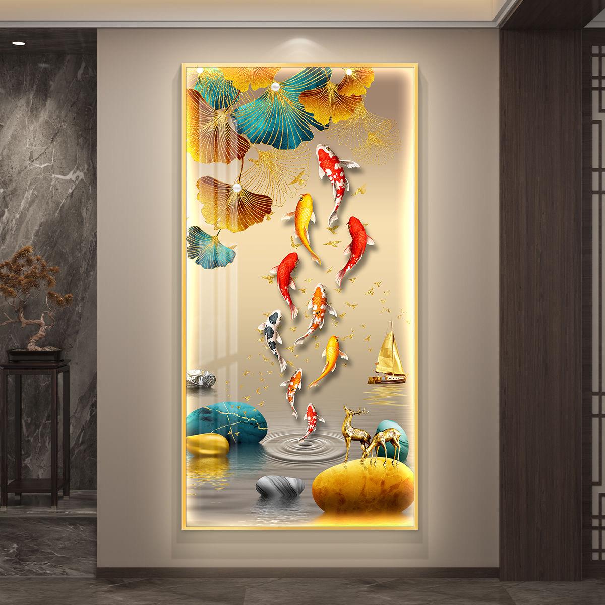 玄关九鱼图挂画装饰发光带led灯竖版入户正对门走廊过道轻奢壁画