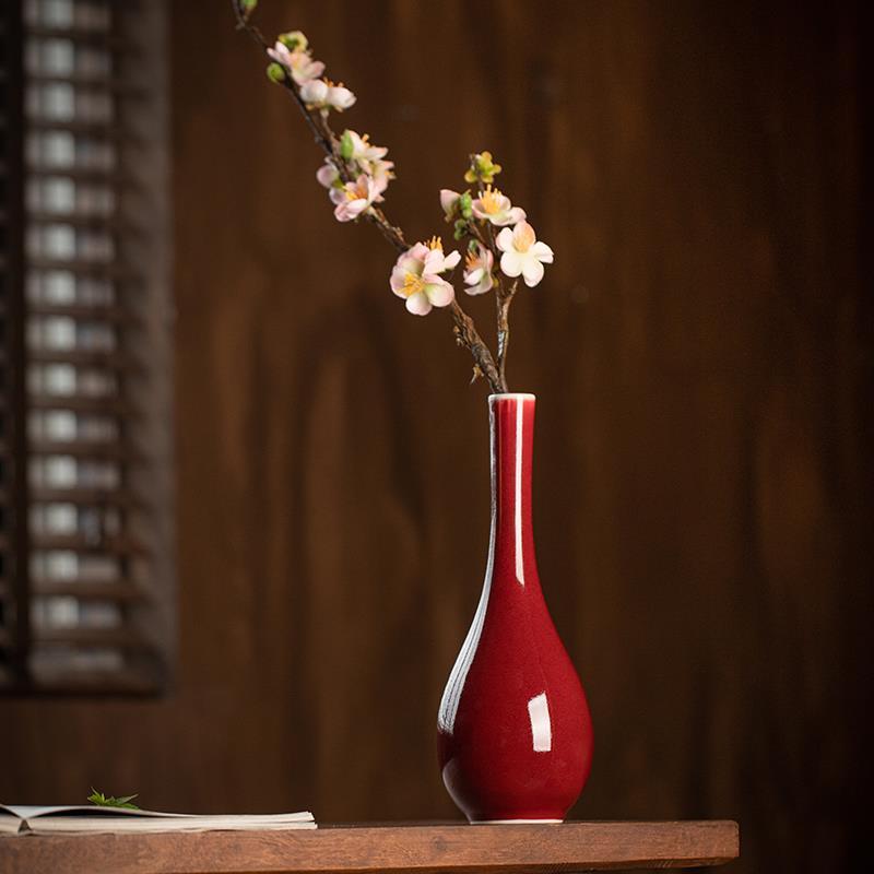 景德镇红釉陶瓷花瓶覆古插花花器居家禅意摆件干燥花茶器桌面装饰
