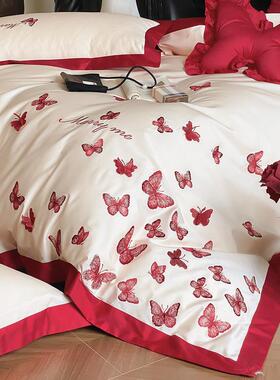 立体蝴蝶刺绣浪漫新婚庆四件套全棉100S红色结婚被套床单1.8床笠