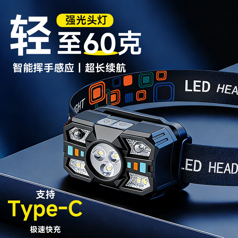 夜钓2026新款头灯强光超亮充电感应头戴式超长续航多功能照明灯