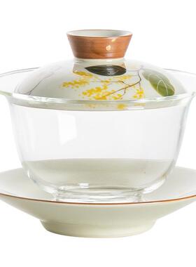 手手绘桂月三兔才盖金碗单个大号茶碗带盖不烫24JS10-0玻璃茶具中