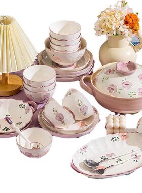 田汤园风家用碗碟套装陶日式乔迁新瓷居碗高颜值紫色饭碗碗Z1204