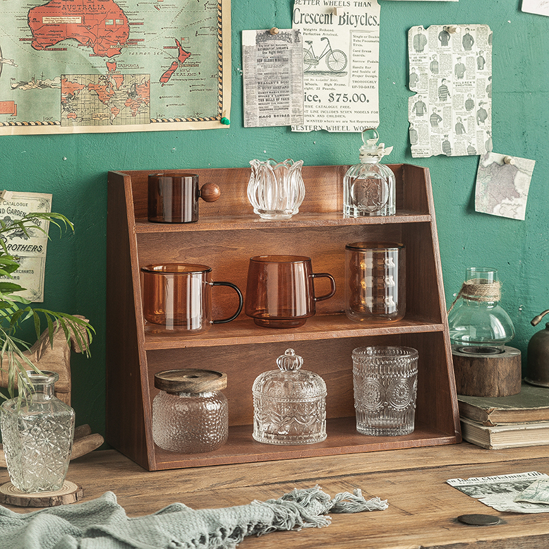 松川家居木质杯子收纳盒复古办公室客厅茶具水杯玻璃杯桌面置物架