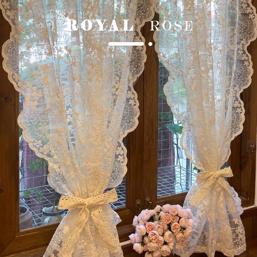 韩式田园法式蕾丝刺绣纱帘奶油风米色纱帘免打孔隔断帘门帘小窗帘