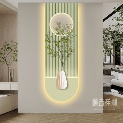 奶油风玄关装饰画小清新绿植入户正对门挂画led带灯走廊过道壁画
