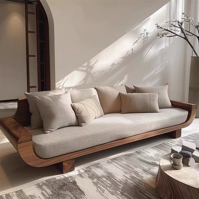 日式侘寂风实木自然边直排沙发罗汉床小户型酒店民宿接待沙发家具