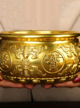 纯铜聚宝盆聚财招财摆件黄铜米缸客厅玄关家居装饰品乔迁开业送礼