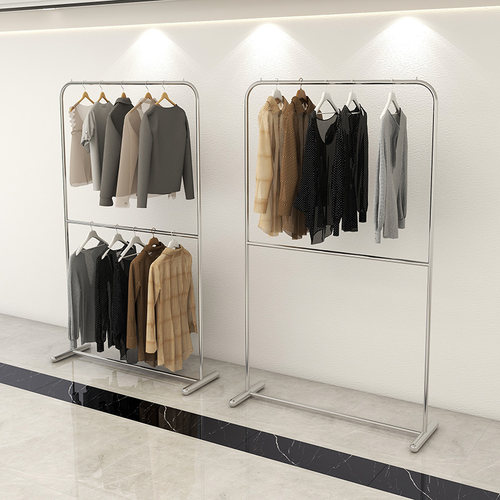 服装店展示架不锈钢拉丝银落地式双层可调节挂衣杆女装店挂衣货架