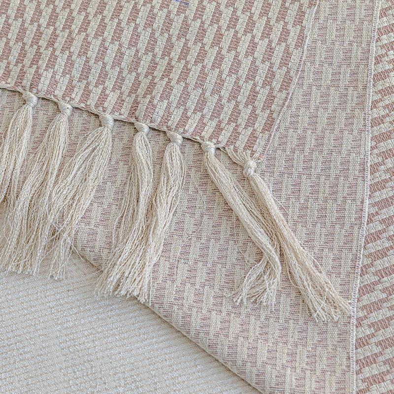 藕色棉麻格纹流尾苏床旗床搭毯床巾软YLMJ-125装品床床头靠枕靠粉