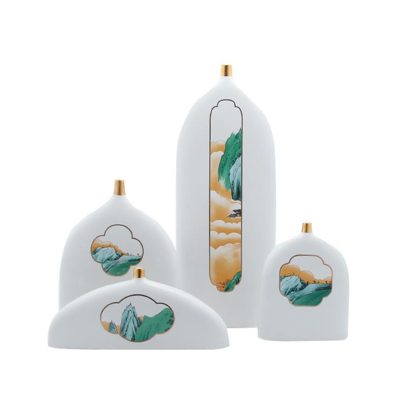 件新QQI中式形陶山水花瓶花器摆家居客厅样板瓷房扁玄关酒店软装