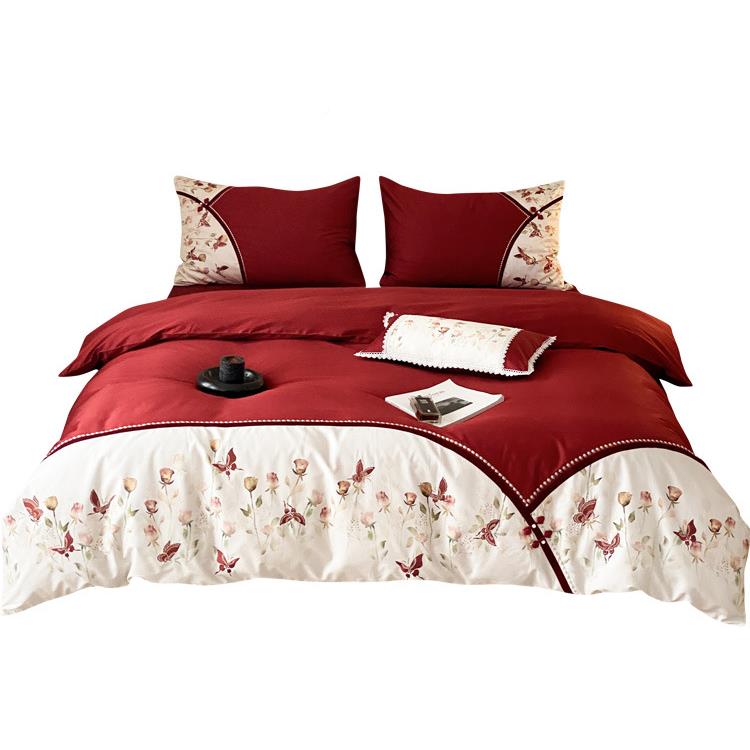 浪漫婚庆1心0S长绒棉四件套少女花卉0刺绣全棉被套婚床结28R10上