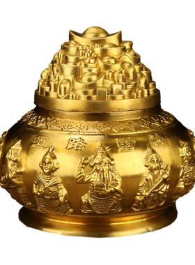 厂家纯黄铜开盖五路财神聚宝盆客厅办公室礼品艺摆件铜制