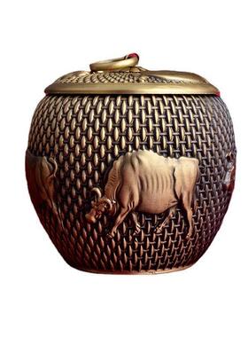 黄铜五牛茶叶罐黄铜工艺品桌面客厅书桌防潮保鲜存茶罐储物密封罐