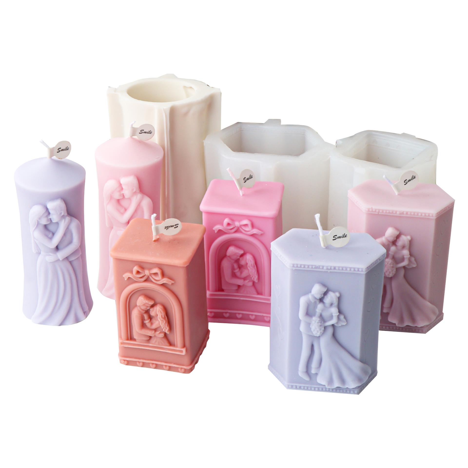 圆柱浮雕结形男女硅胶蜡烛模相方框情侣香薰石膏婚庆硅胶柱子婚伴