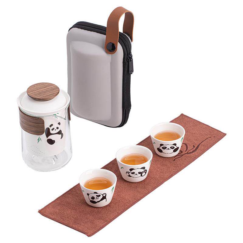 熊猫旅行茶具陶瓷一壶三杯可爱便携快客杯过滤泡茶杯户外喝茶套组