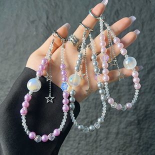 secretworld手机链粉珠星星闪粉琉璃钻链女包挂饰珍珠短挂绳包链
