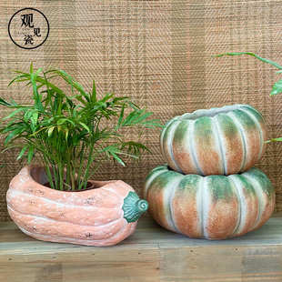 创意南瓜仿真多肉绿植绿萝花卉桌面户外大小号家用陶瓷水泥花盆新