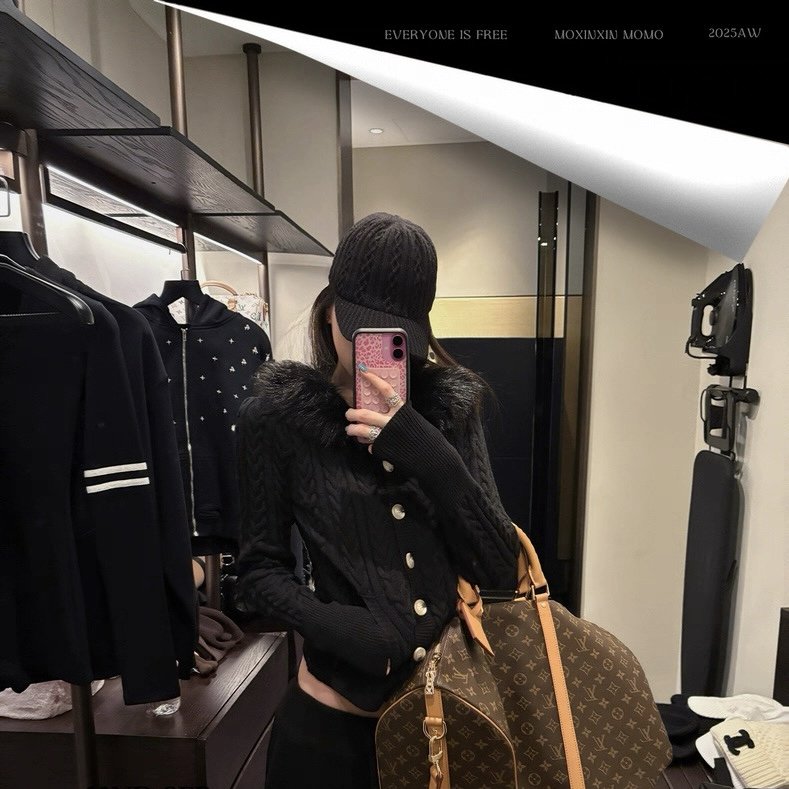 莫欣欣 黑色麻花毛衣外套女秋季修身显瘦慵懒毛毛领辣妹针织上衣