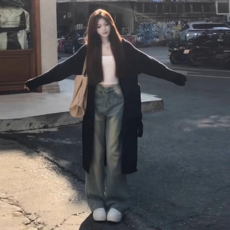 韩系穿搭宽松慵懒风松弛感毛衣外套中长款针织开衫上衣女秋季套装