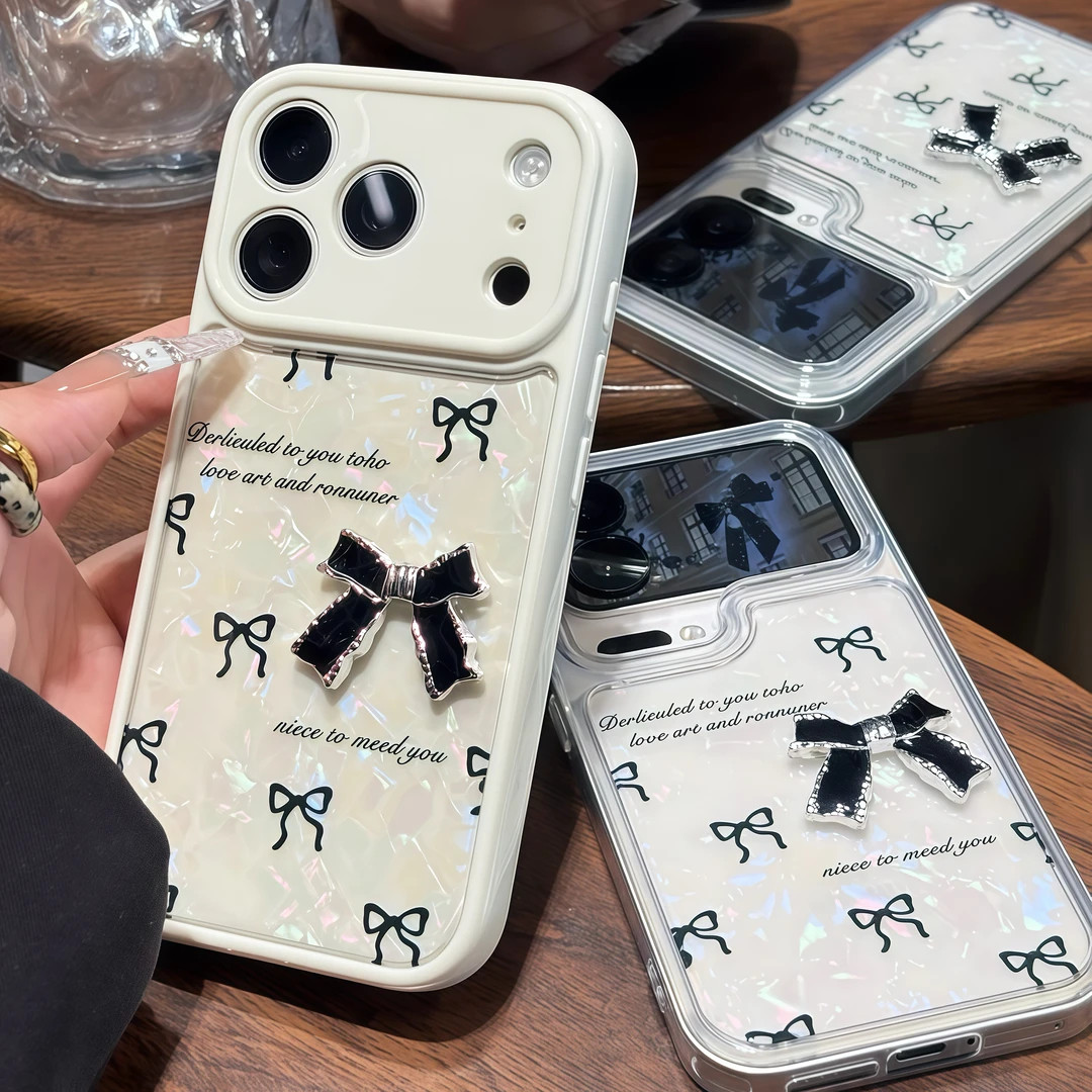 奢华适用iPhone17/16promax光影贝壳纹手机壳苹果15/14pro立体蝴蝶结小米13/15/17防摔oppofindx8/9reno12/14