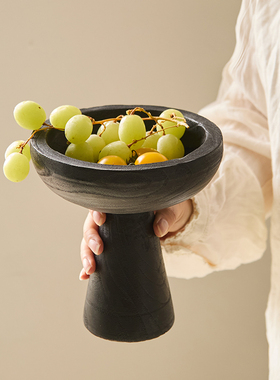 如是/侘寂风黑色高脚小果盘复古做旧干果盘实木托盘木质果盘摆件