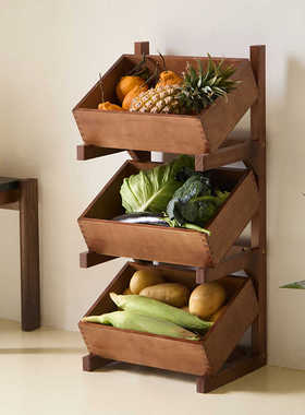 如是/中古实木置物架多层落地收纳架网红客厅厨房蔬果杂物储物架