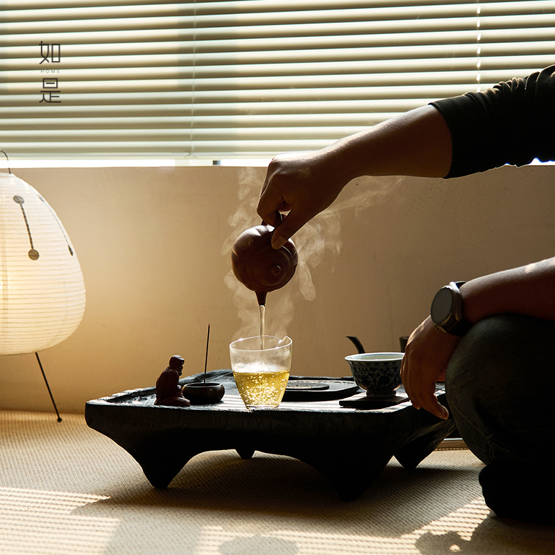 矮茶几侘寂风飘窗茶几碳化木方形