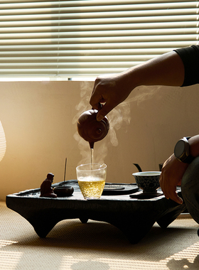 如是/侘寂风黑色碳化木方形小茶几复古做旧飘窗榻榻米矮茶几炕几