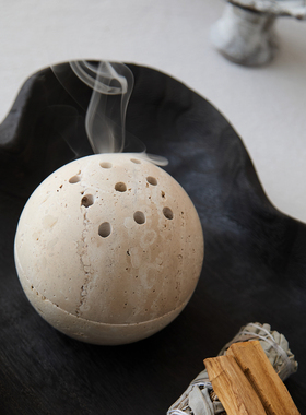 如是/侘寂风天然洞石香薰炉檀香香插摆件燃烧烟熏盘装饰品香炉