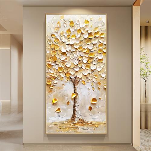 发财树玄关装饰画现代轻奢高级感走廊过道挂画奶油风入户门肌理画图片