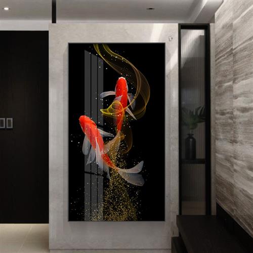 玄关装饰画招财风水轻奢竖版走廊过道楼梯入户进门锦鲤壁画九鱼图图片