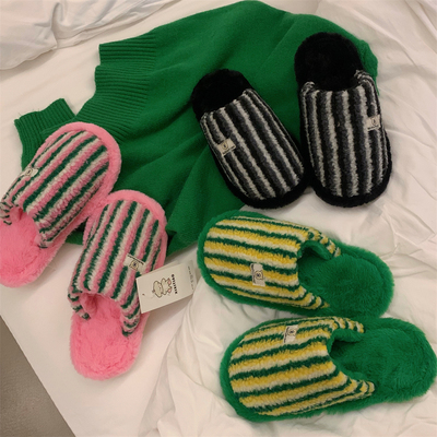 撞色条纹情侣保暖毛绒家居鞋男女