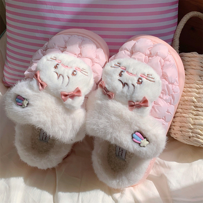 细细条甜美可爱小猫卧室防滑棉拖