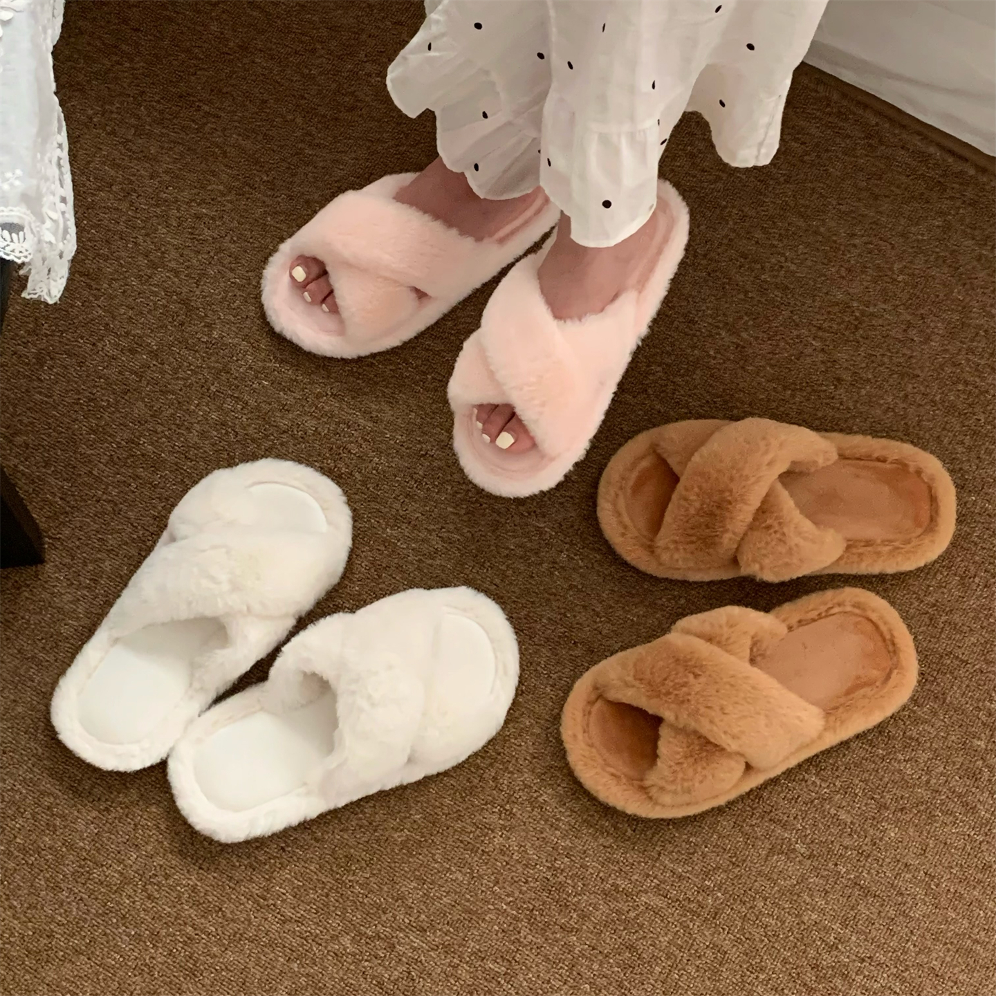 细细条 防滑秋冬日系简约交叉棉拖鞋室内外居家学生女士毛毛拖鞋