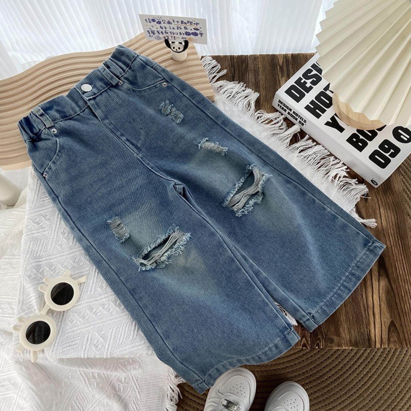 春秋男女童破洞牛仔裤儿童拖地裤高腰宽松阔腿裤了做旧牛仔直筒裤