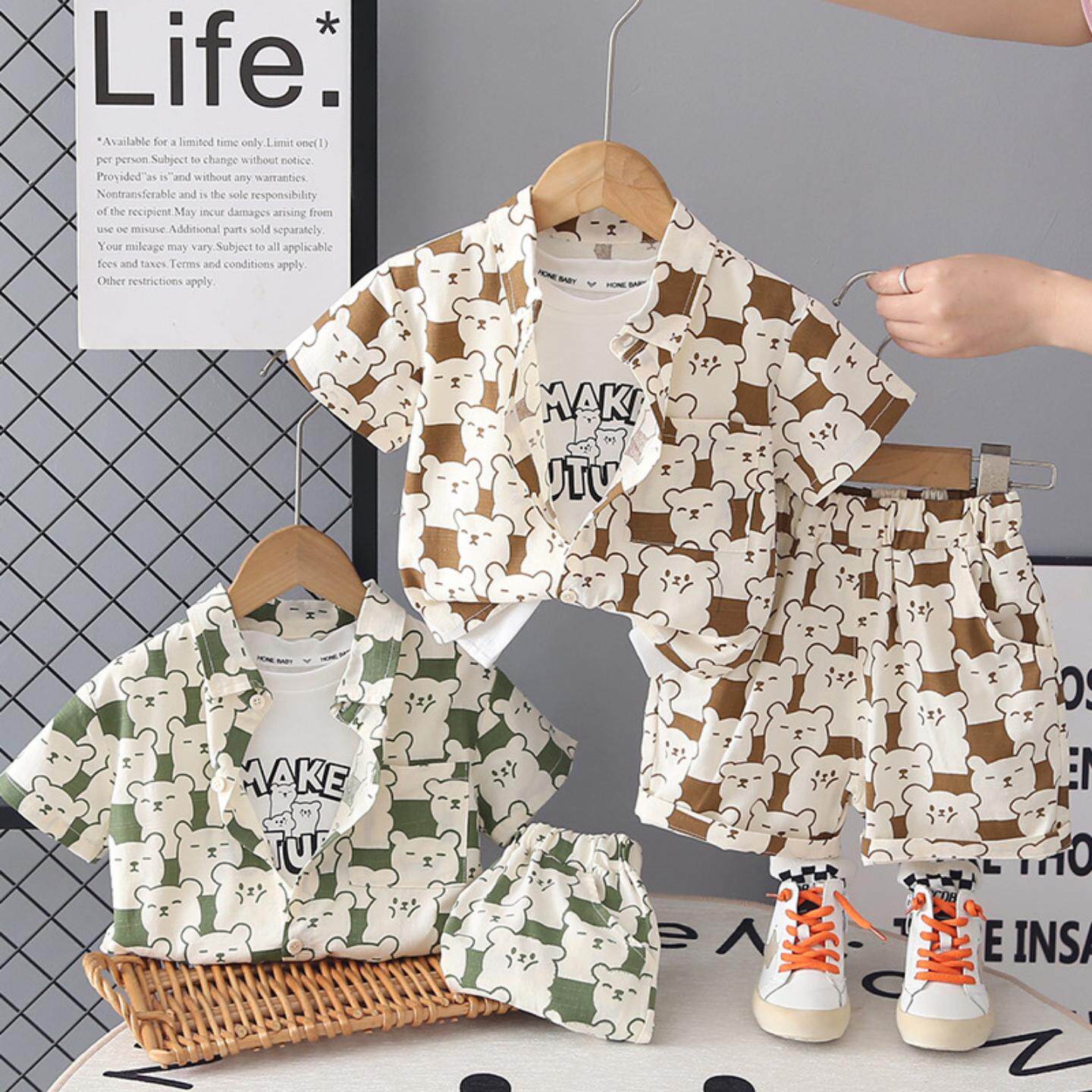 男童夏装套装夏季2026新款洋气韩版短袖薄款小童熊衬衫短袖三件套