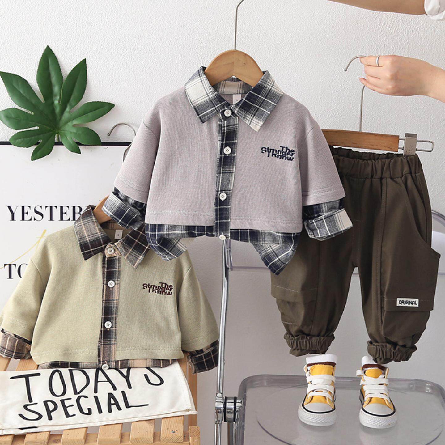 男童春装格子拼色两件套潮帅气时髦2岁宝宝衣服春季洋气3男孩套装