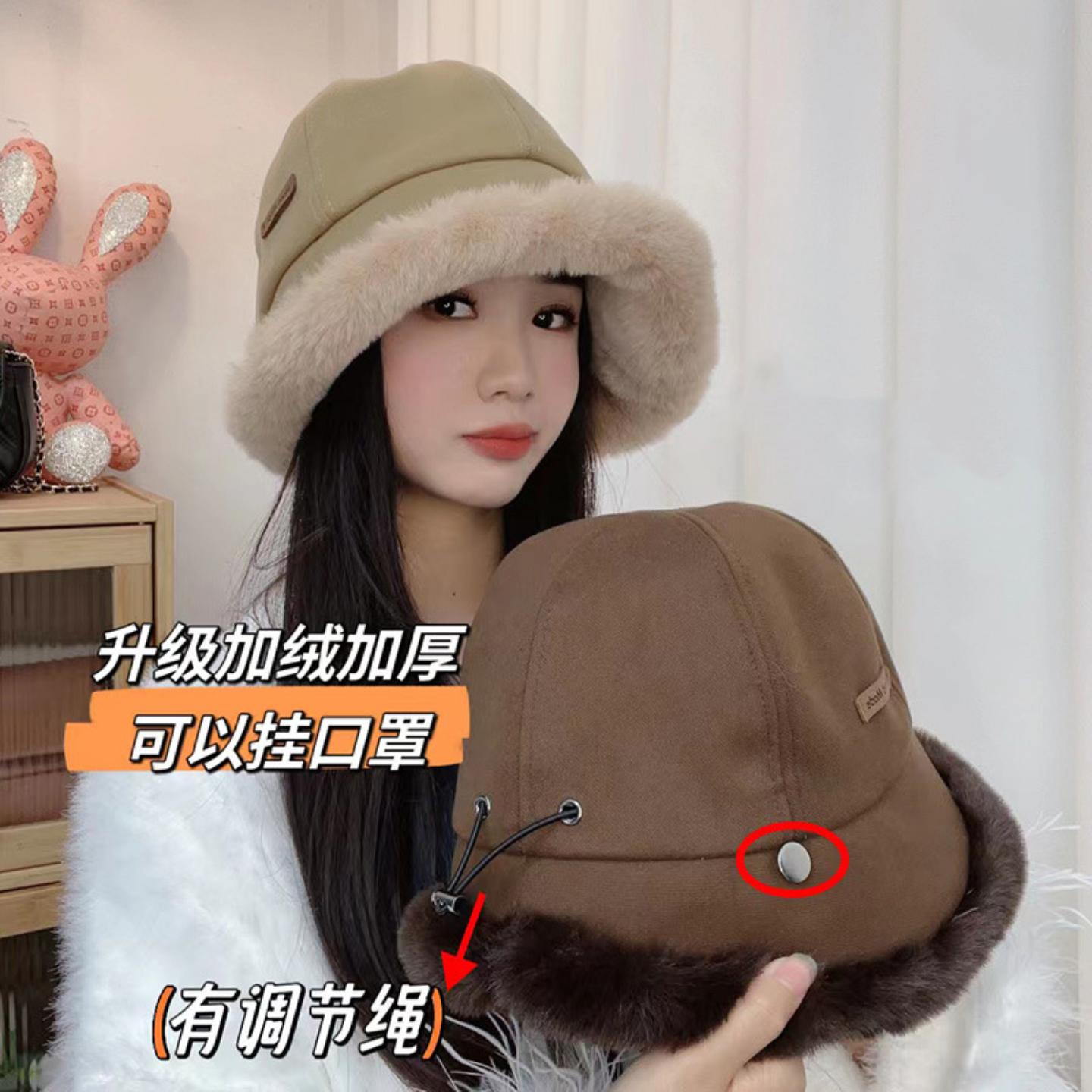 冬季毛绒保暖渔夫帽女鸭舌帽子大头围显脸小户外骑车挡风保暖盆帽