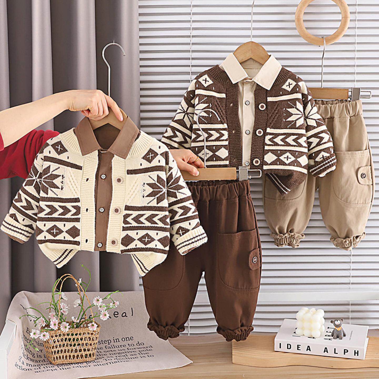 儿童套装男童春装2026新款小童毛衣雪花外套男孩衣服1一3岁三件套