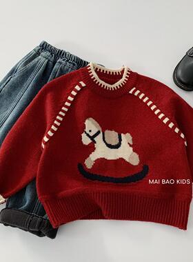 麦宝红色毛衣2025冬季新款男女童新年小马套头针织衫宝宝拜年服潮