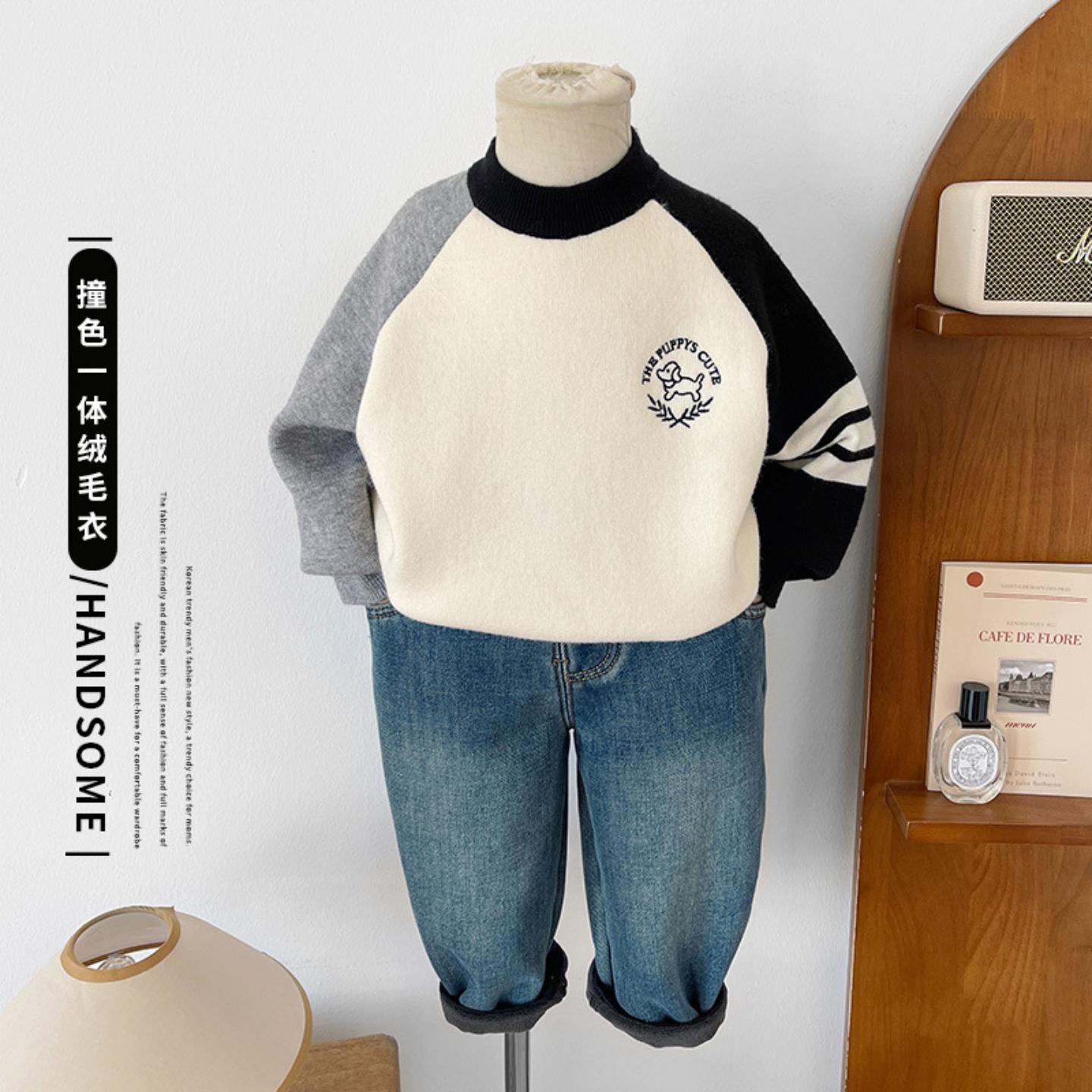 风之谷2025冬季新款童装儿童韩版刺绣小狗加绒毛衣男童撞色针织衫