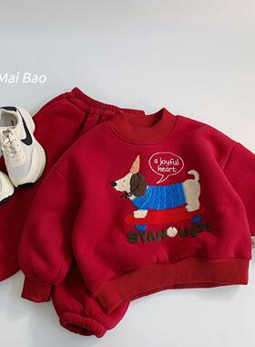 麦宝儿童加绒套装2025冬季新款男女童运动红色两件套湖州织里童装