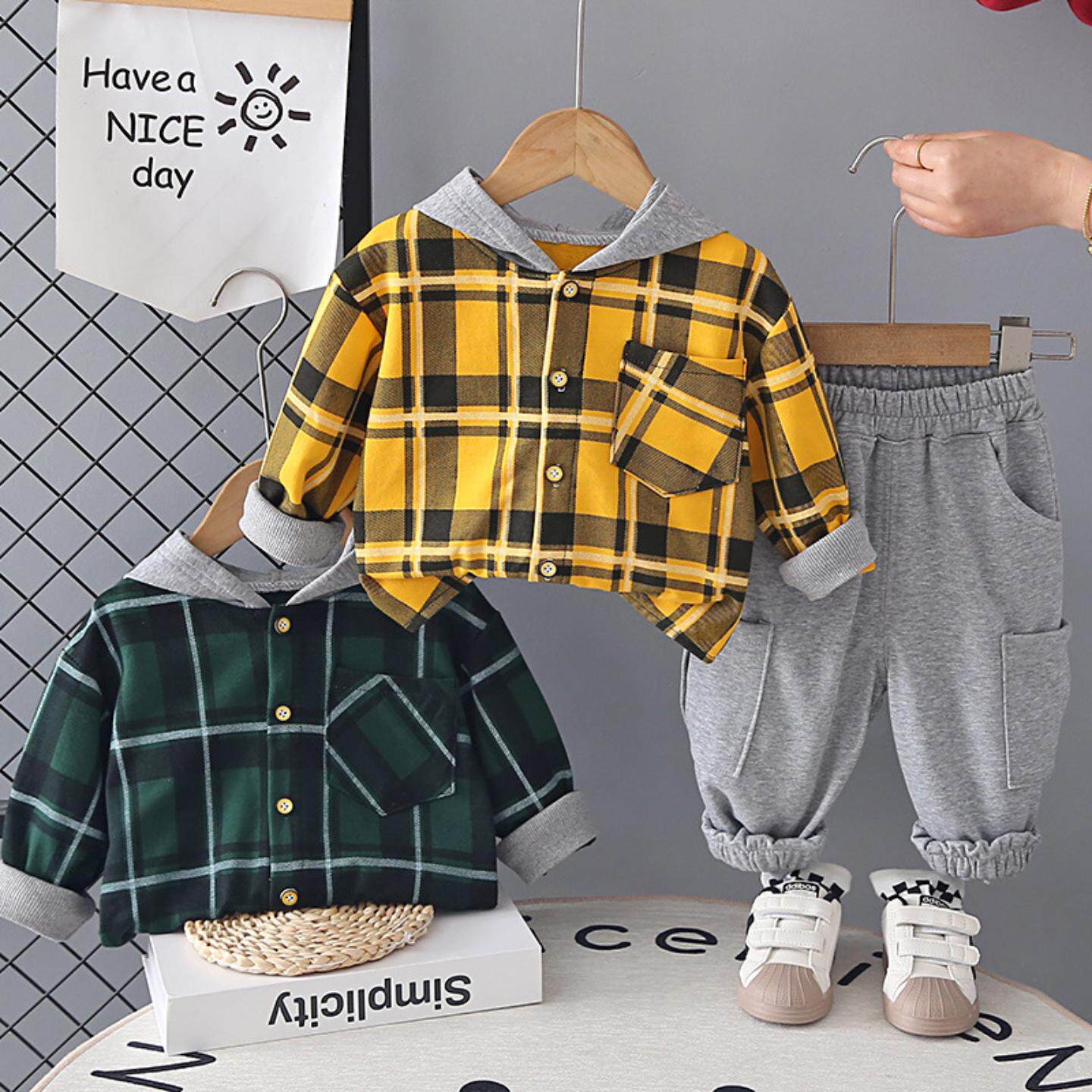 男童春秋季休闲连帽格子衬衫套装小童1一3岁宝宝外穿衣服男孩春装