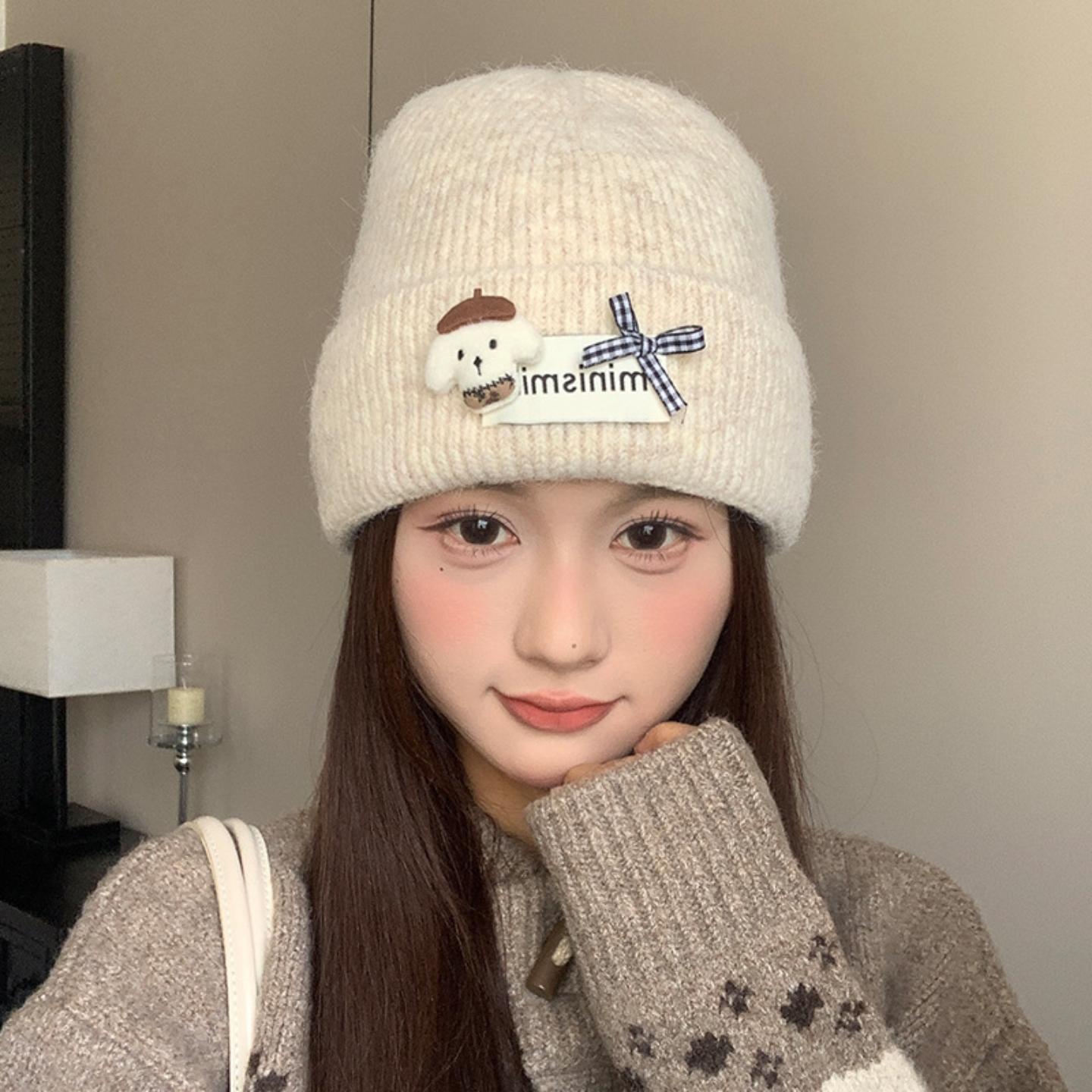 可爱小狗针织帽子女冬季韩系加绒保暖护耳帽学生套头百搭防寒冷帽