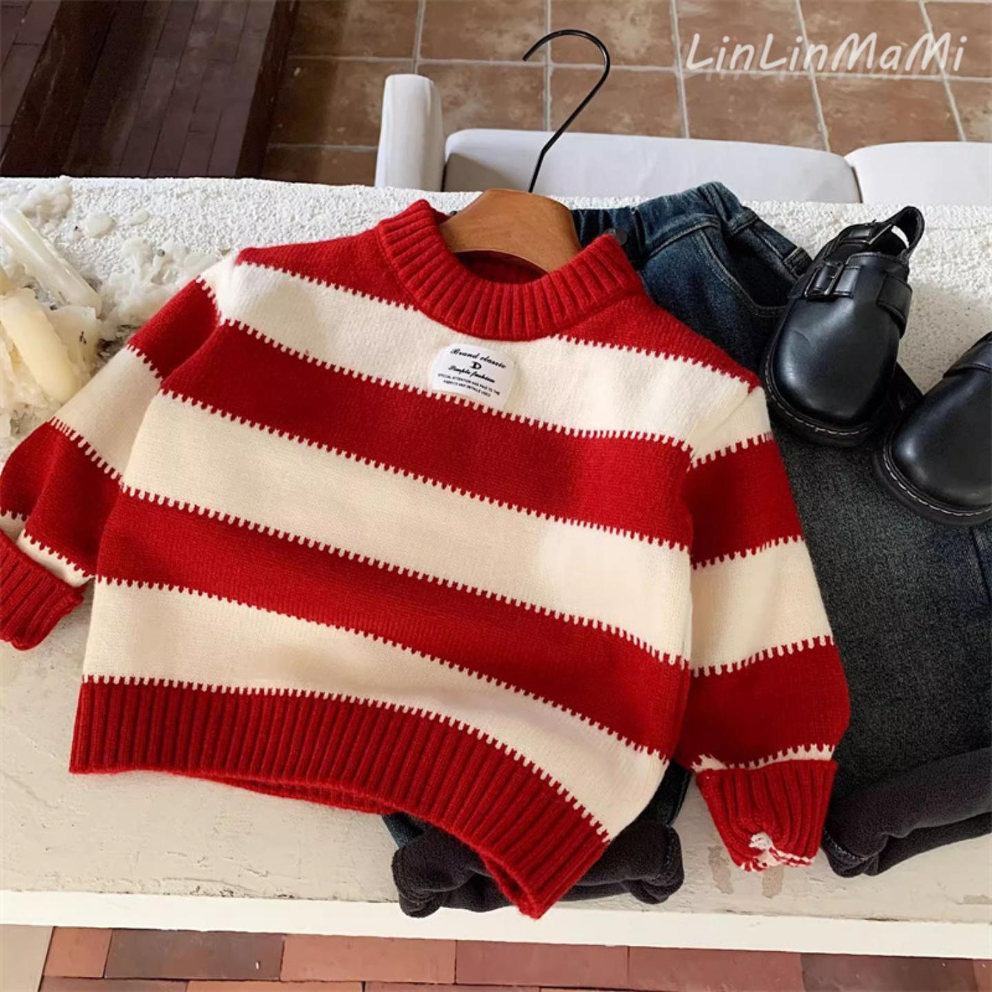 儿童a类毛衣2025冬季男女童新年保暖针织衫宝宝条纹毛衣
