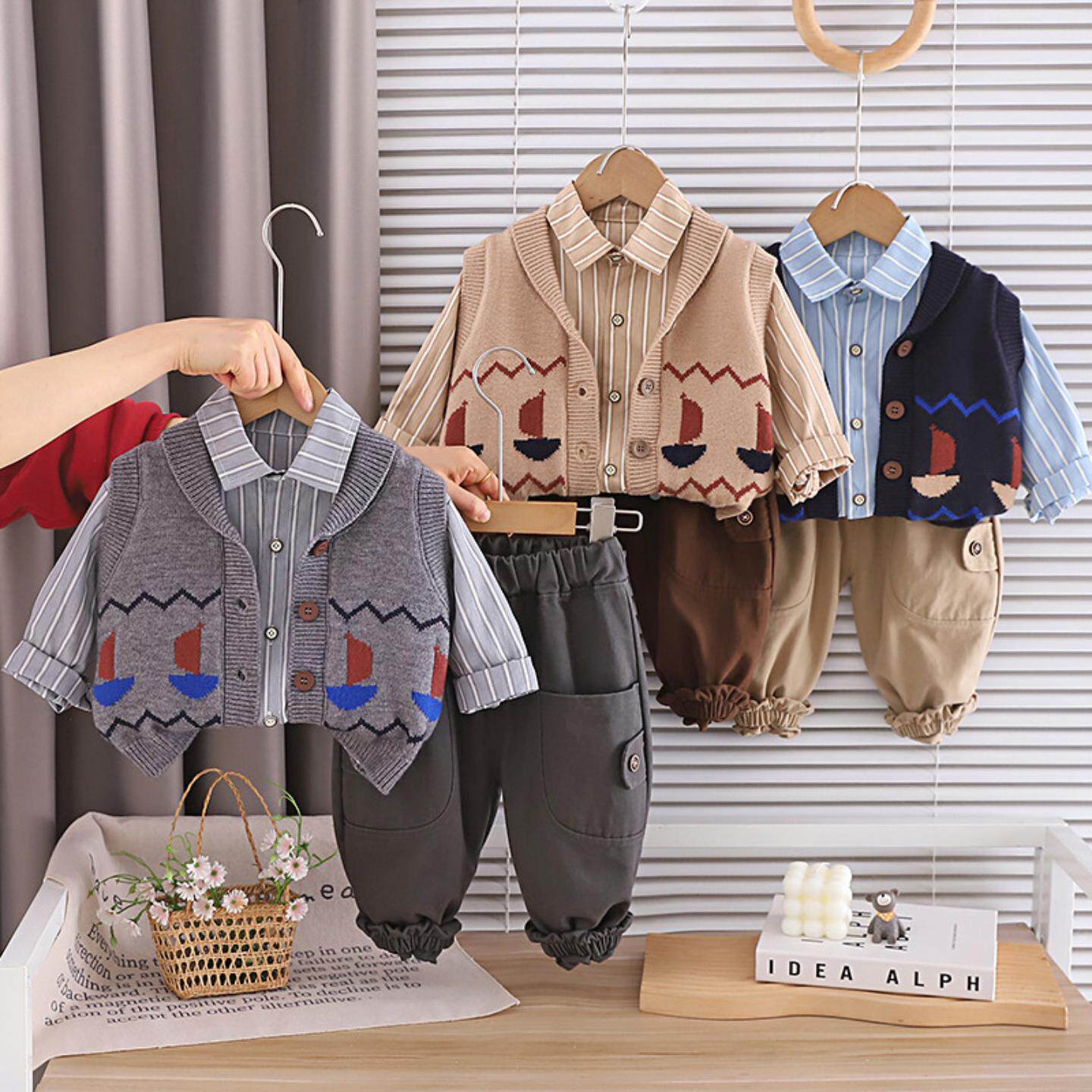 男童春季套装2026新款儿童毛衣帆船衣服男宝宝春装洋气马甲三件套