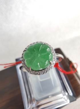 翡翠A货玉石莲花绿色戒面镶嵌925银活口可调节戒指自然光实拍新店